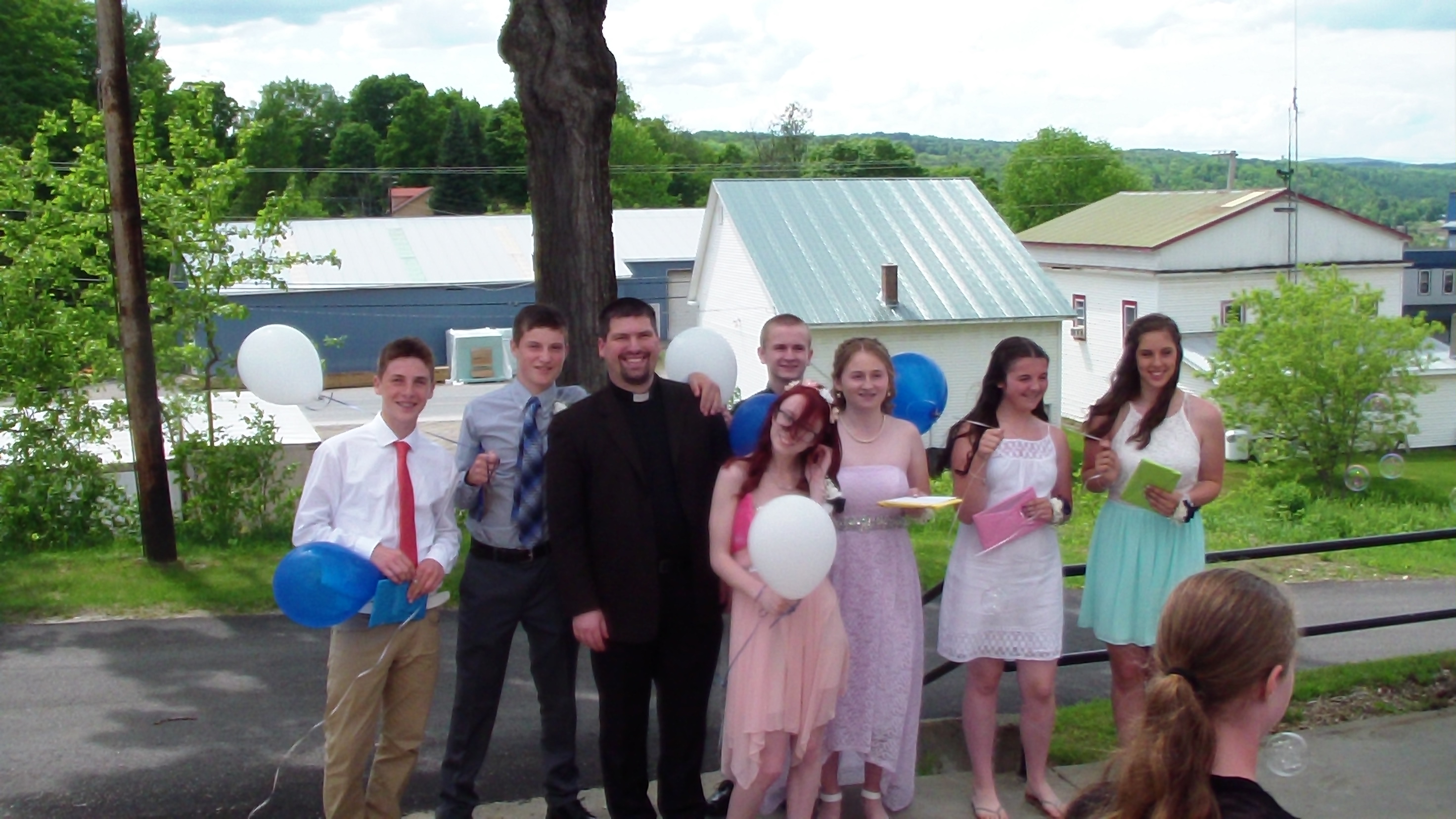 Class of 2016 - Jack King, Gage Coe, Josh Kelley, Bridgette Groff, Hannah Lantagne, Shelby Fortin, Emma Poginy and (not pictured) Jericho Ladd w/ Fr. Tim Naples