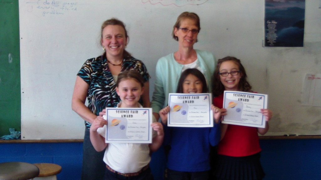 Grade 3 winners are: Bella Hanover, Mia Lussier and Bailey Ingalls with Mrs. Beloin, Principal and Teacher Mrs. Lemiere.